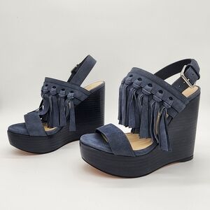 Jimmy Choo Nya 120 Blue Suede Tassel Statement Wedge Sandals Size 35.5 NEW